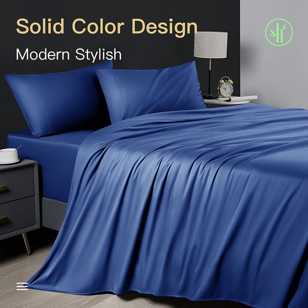 Shilucheng Cooling Breathable Bamboo_ Bed Sheets Set - 1800 Thread Count Super Silky Soft With 16 Inch Deep Pocket, 4 Piece (California King,Navy Blue)